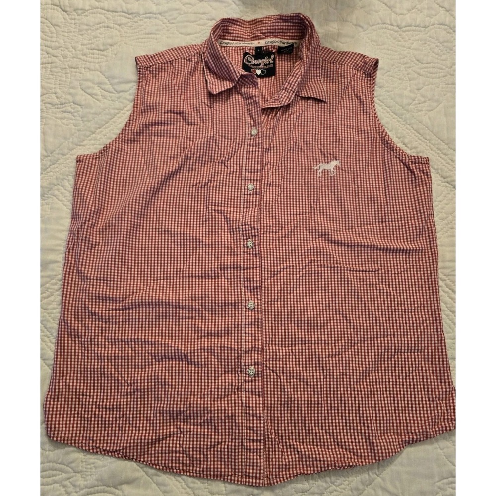 Cowgirl Hardware Sleeveless Button Front Top Size L Pink Red Gingham Embroidered